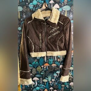 Brow Crop Bomber Jacket with Faux Fur Trim